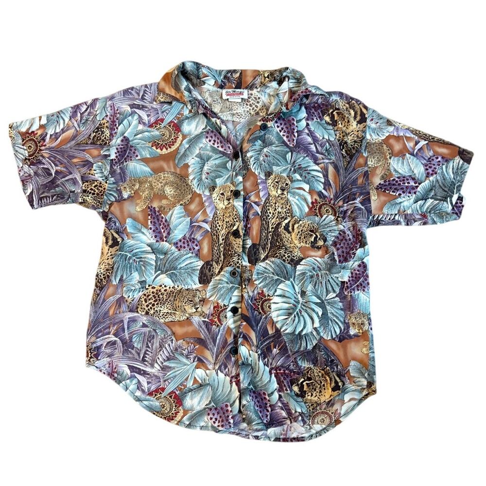 VTG Jeri Marque Women's Sz Large Top Shirt Jungle Print Rayon USA Leopard